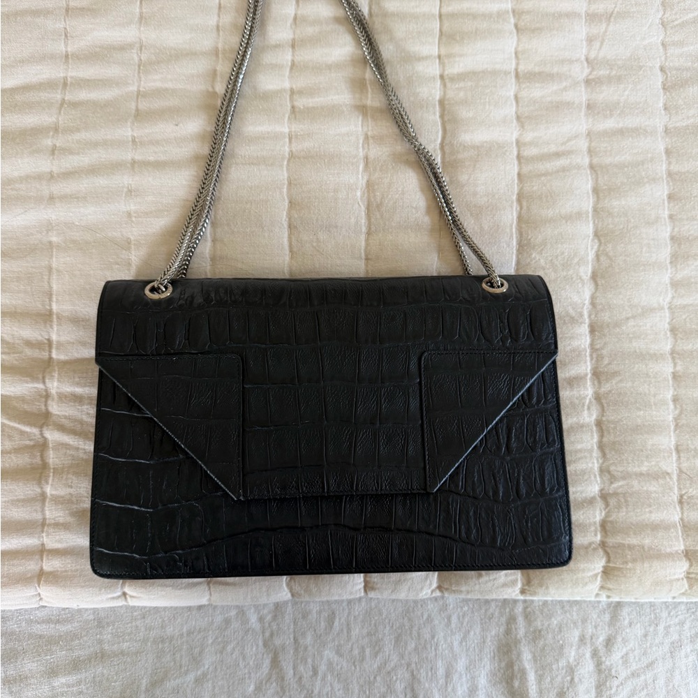 Saint Laurent Black Croc-Embossed Chain Strap Shoulder Bag
